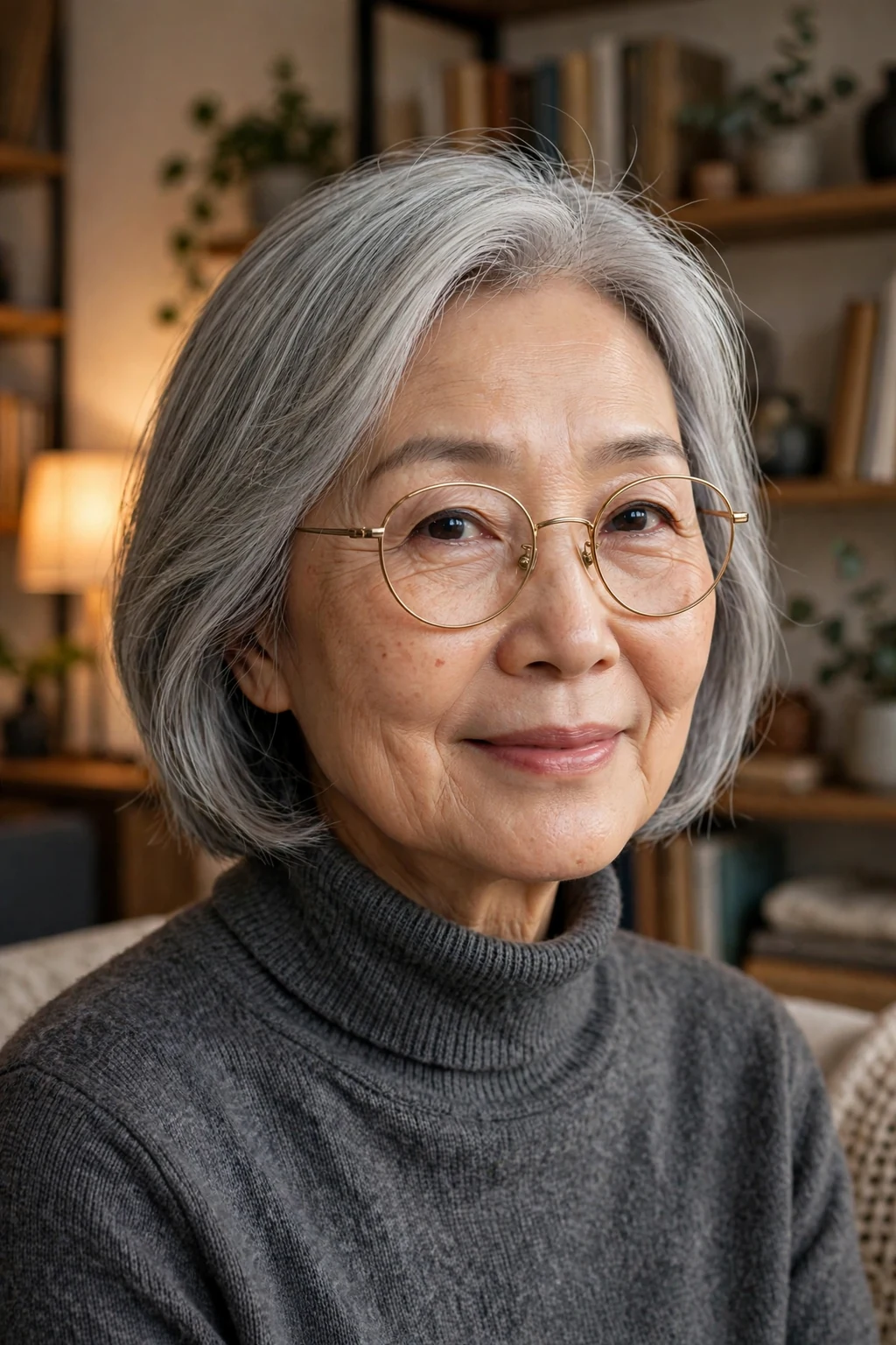 Elegant older woman with fine hair and glasses and silver lob, luminous gray medium length, chic light.