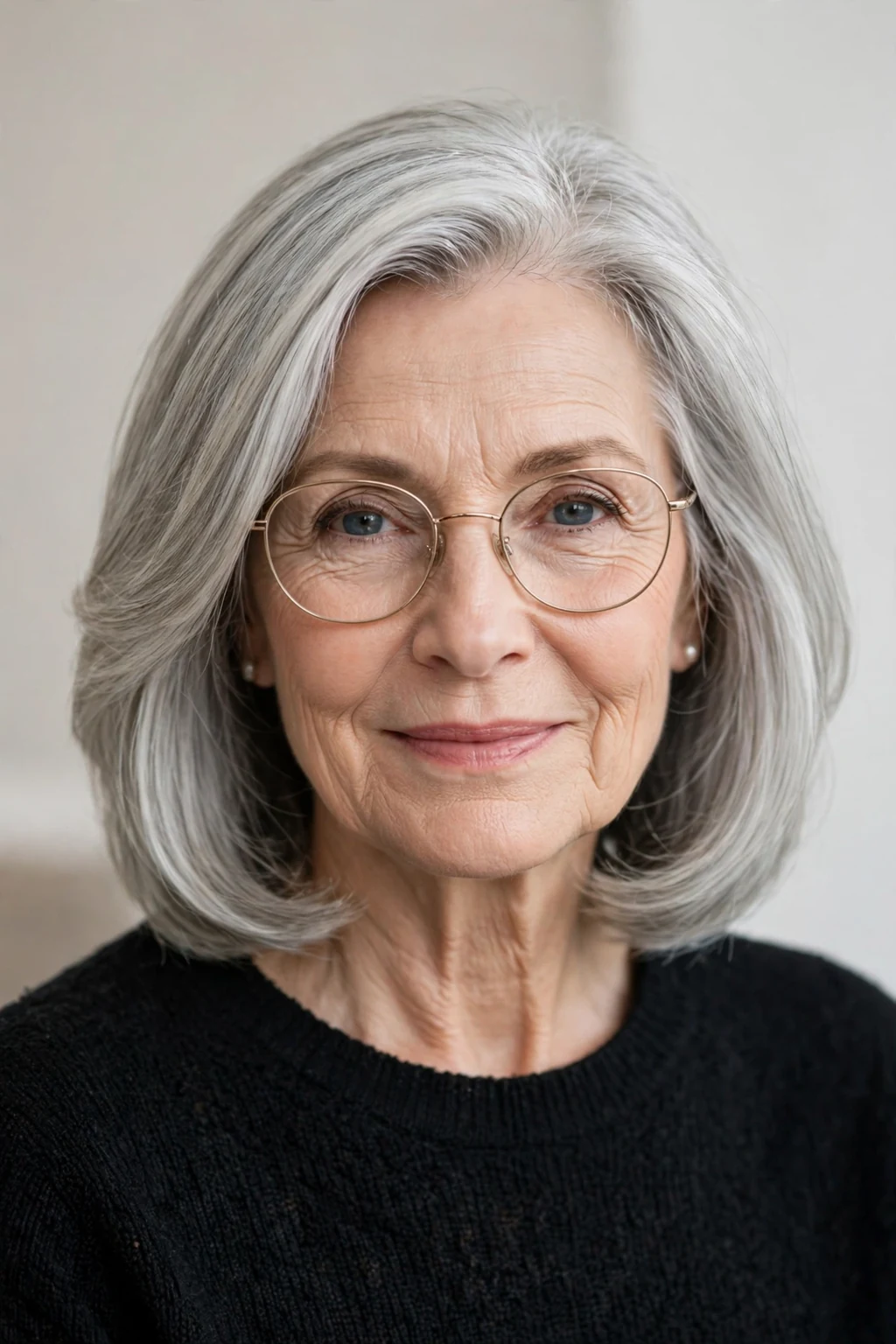 Elegant older woman with glasses and silver lob, luminous gray medium length, chic light.