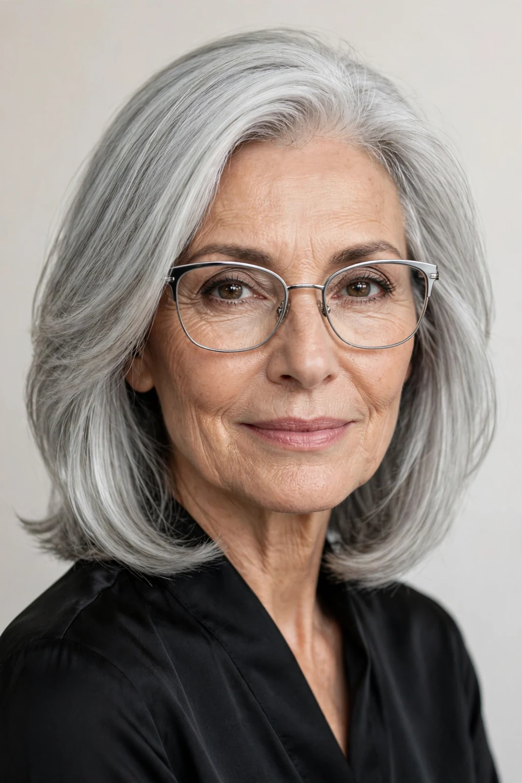 Elegant woman over 60 with glasses and silver medium-length style, luminous gray shine, glamorous light.