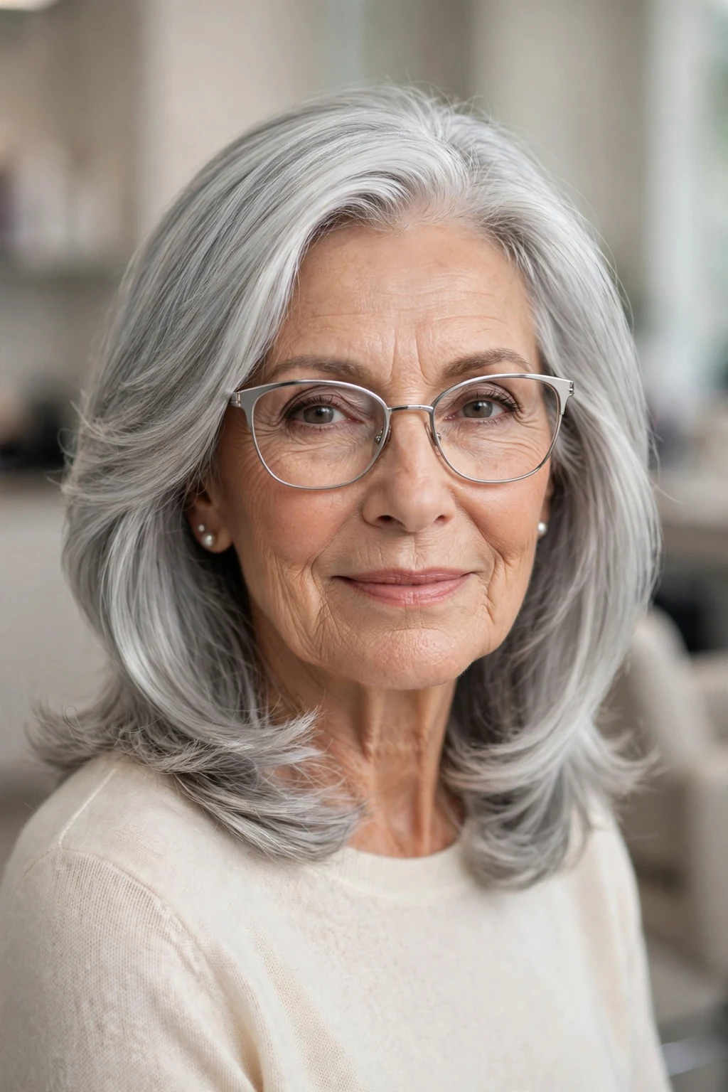 Elegant woman over 70 with glasses and silver medium-length style, luminous gray shine, glamorous light.