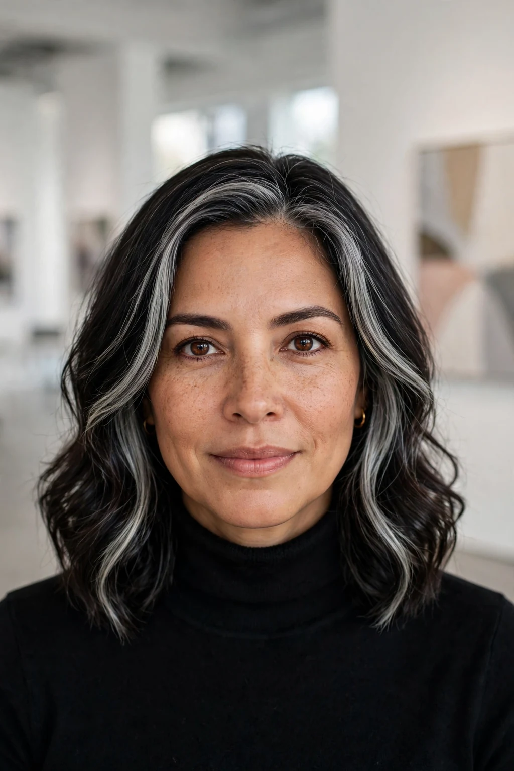 Beautiful woman with dark hair and silver money piece, face-framing silver highlights, bright light.