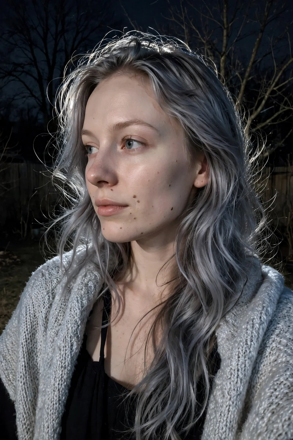 Young woman with silver moonlight waves in a moonlit backyard wearing a silver-gray shawl.