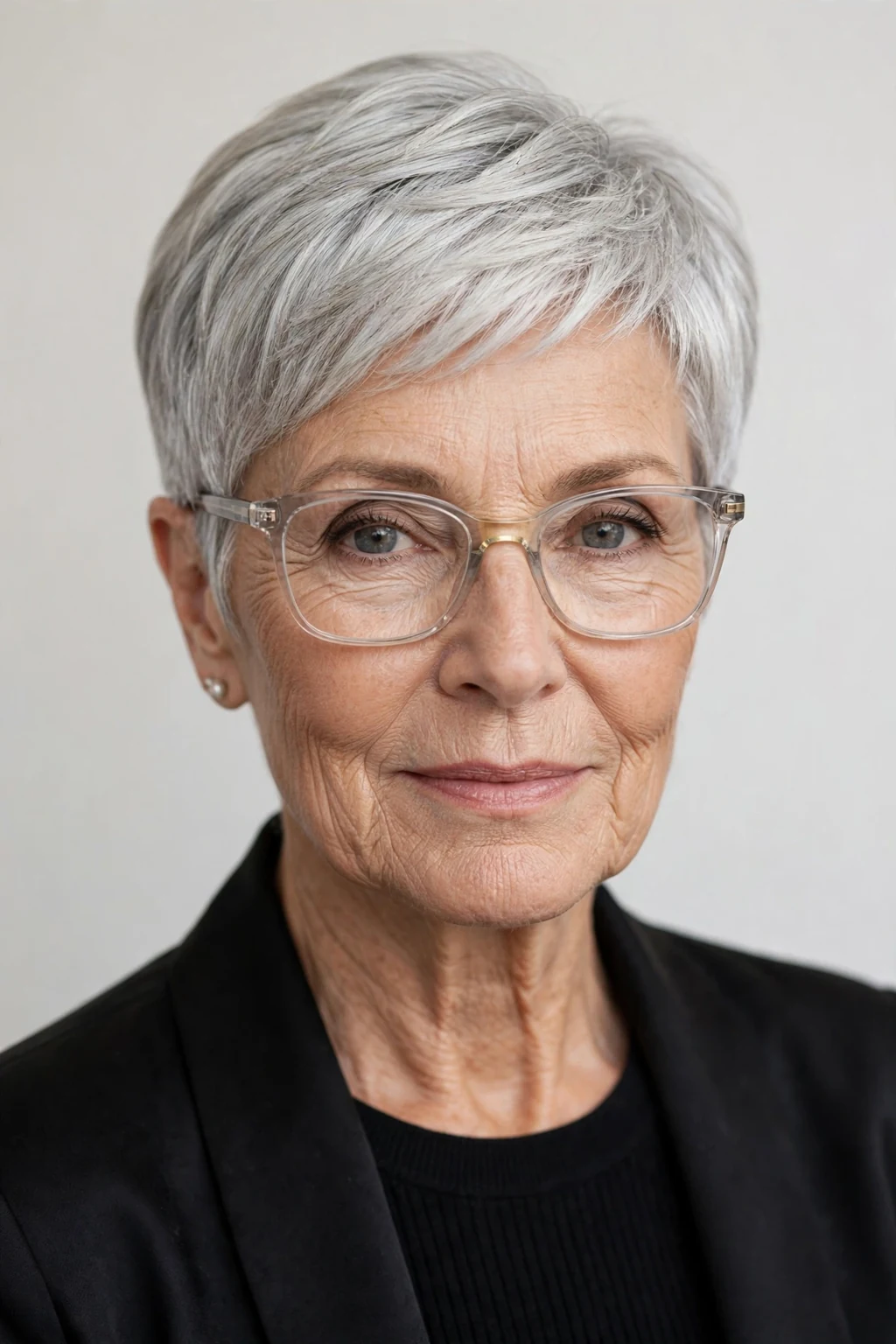 Elegant woman over 60 with glasses and silver pixie, luminous gray shine, glamorous light.