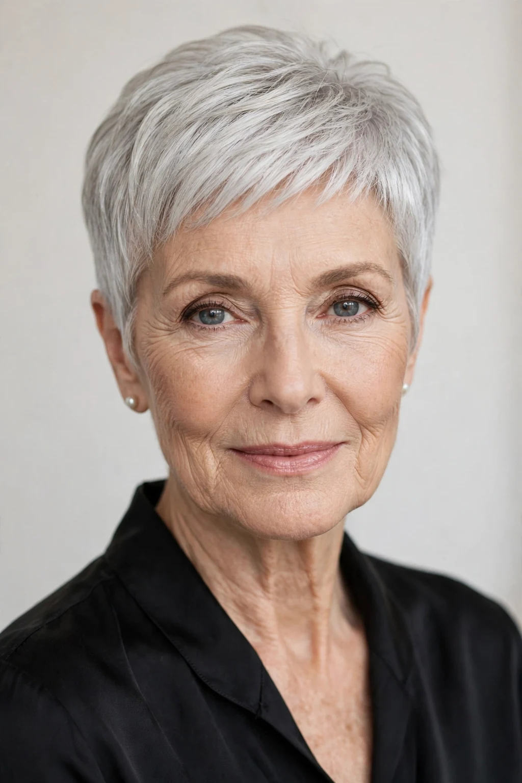 Elegant woman over 60 with silver pixie, luminous gray shine, glamorous light.