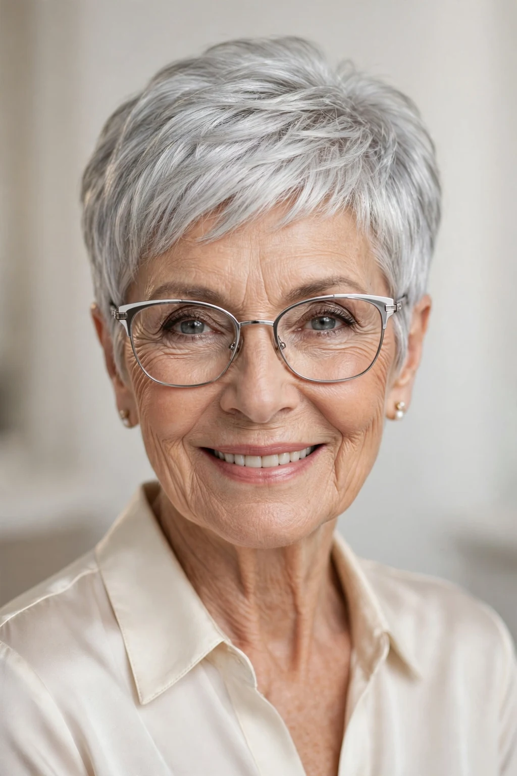 Elegant woman over 70 with glasses and silver pixie, luminous gray shine, glamorous light.