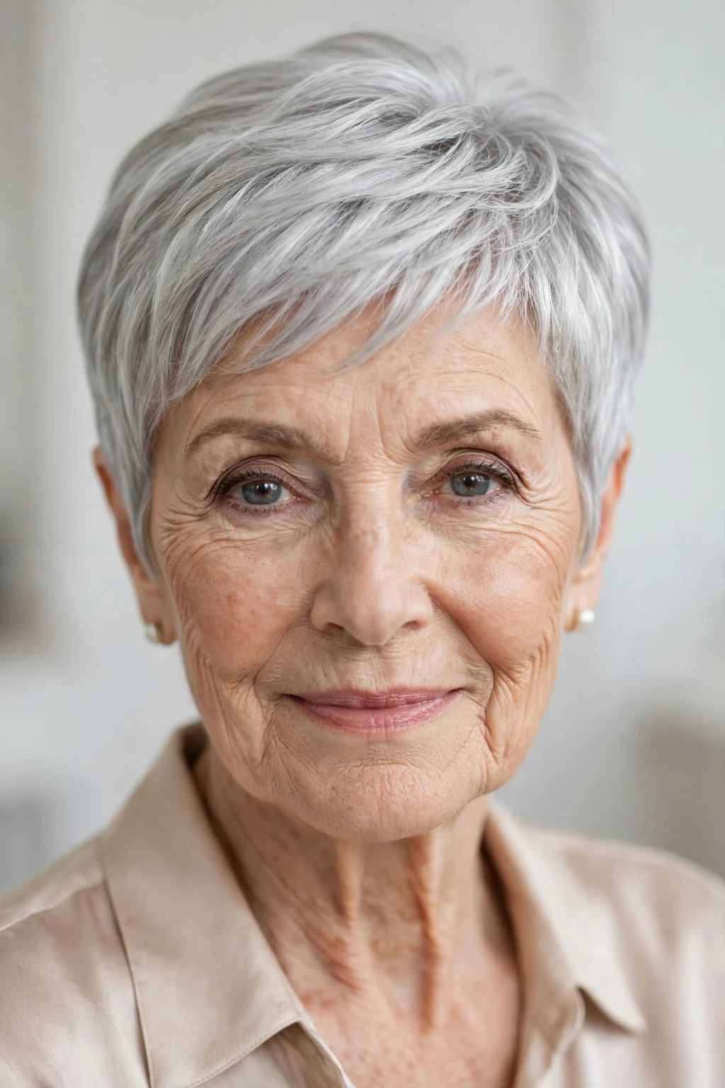 Elegant woman over 70 with silver pixie, luminous gray shine, glamorous light.