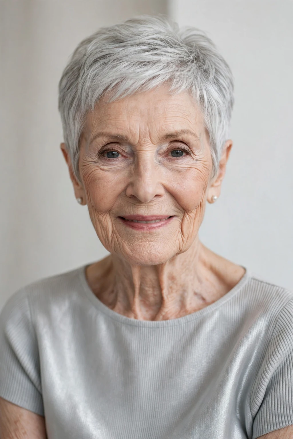 Elegant woman over 80 with silver pixie, luminous gray crop, chic light.