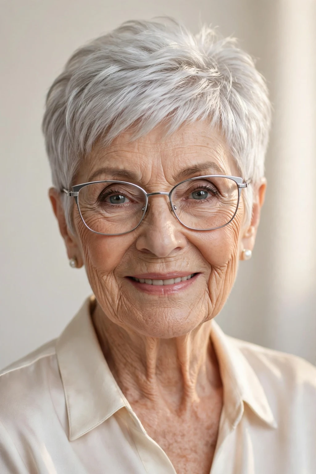 Elegant woman over 80 with glasses and silver pixie, luminous gray shine, glamorous light.