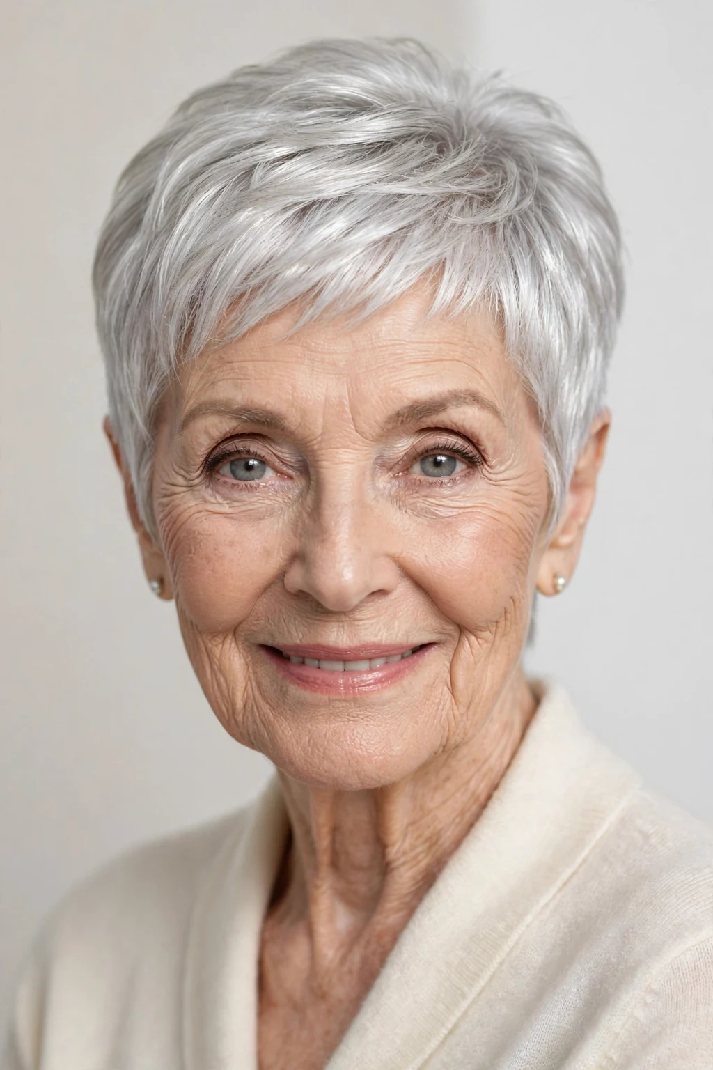Elegant woman over 80 with silver pixie, luminous gray shine, glamorous light.