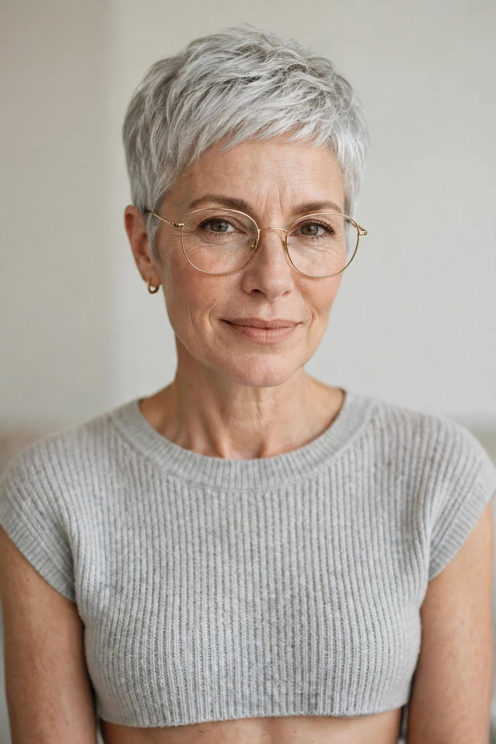Elegant woman over 50 with glasses and silver pixie, luminous gray crop, chic light.