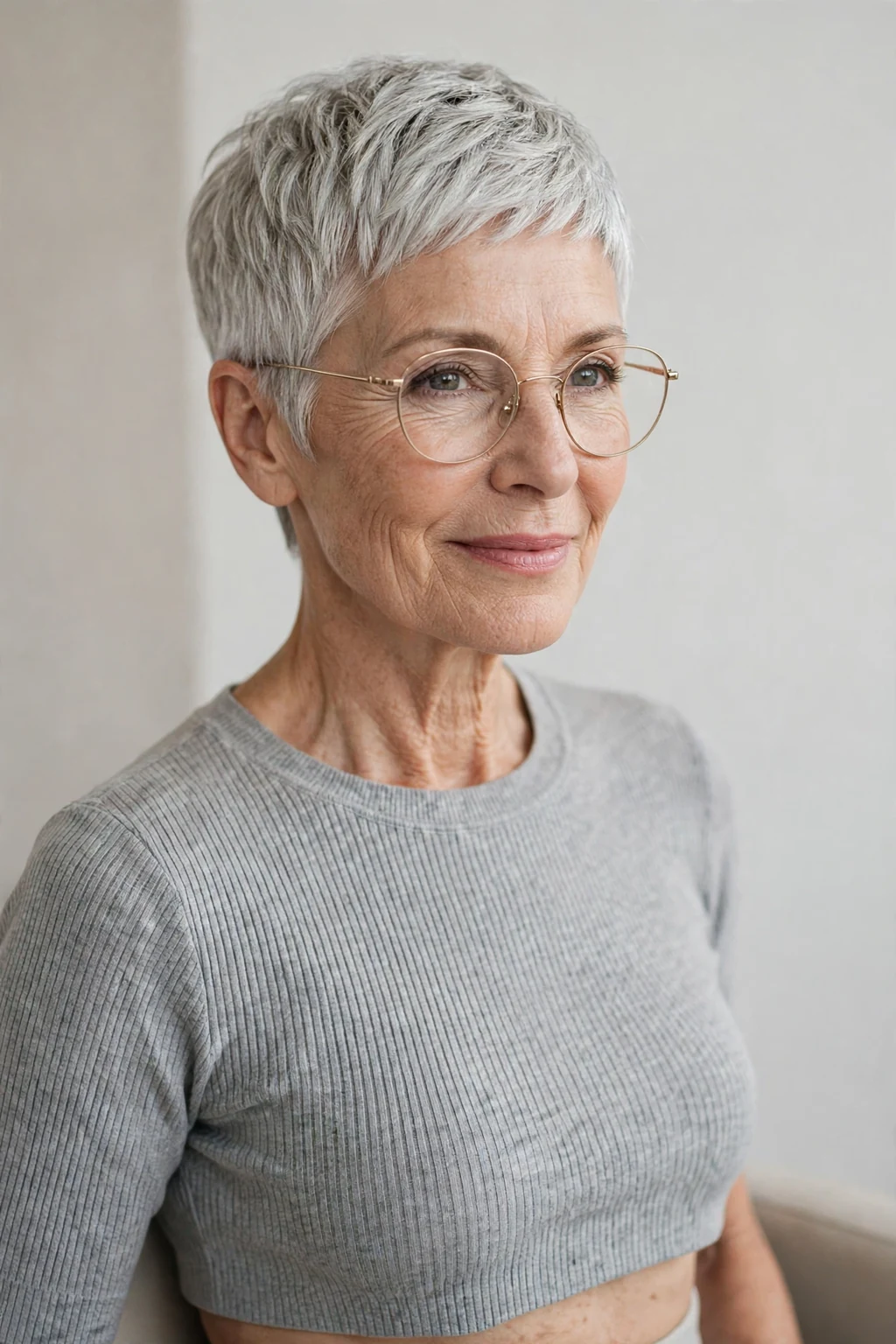Elegant woman over 60 with glasses and silver pixie, luminous gray crop, chic light.