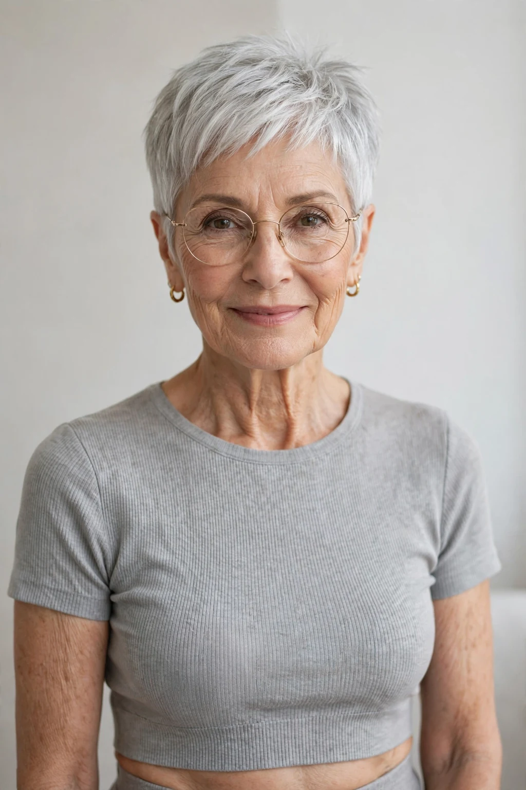 Elegant woman over 70 with glasses and silver pixie, luminous gray crop, chic light.