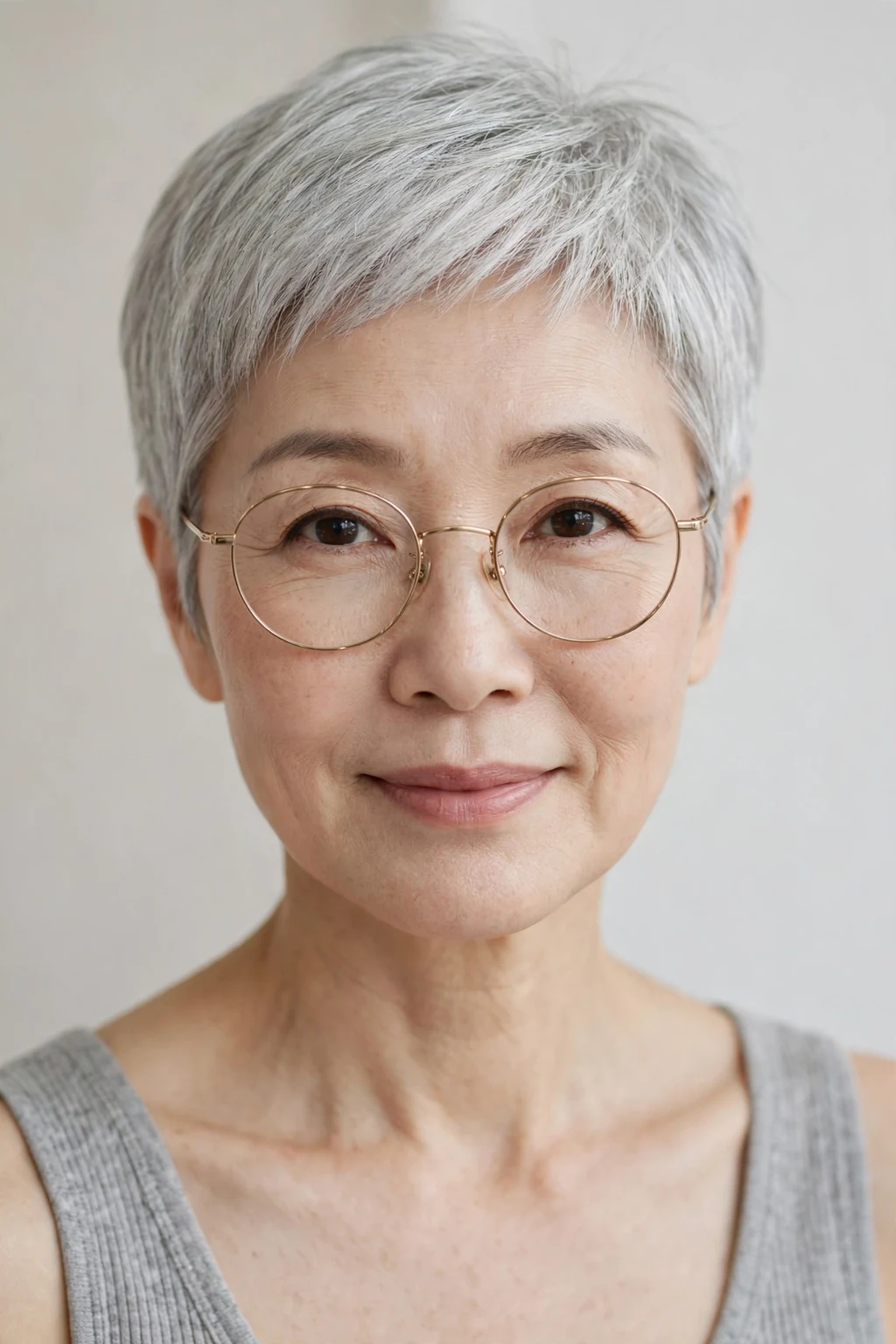 Elegant woman over 50 with fine hair and glasses and silver pixie, luminous gray crop, chic light.
