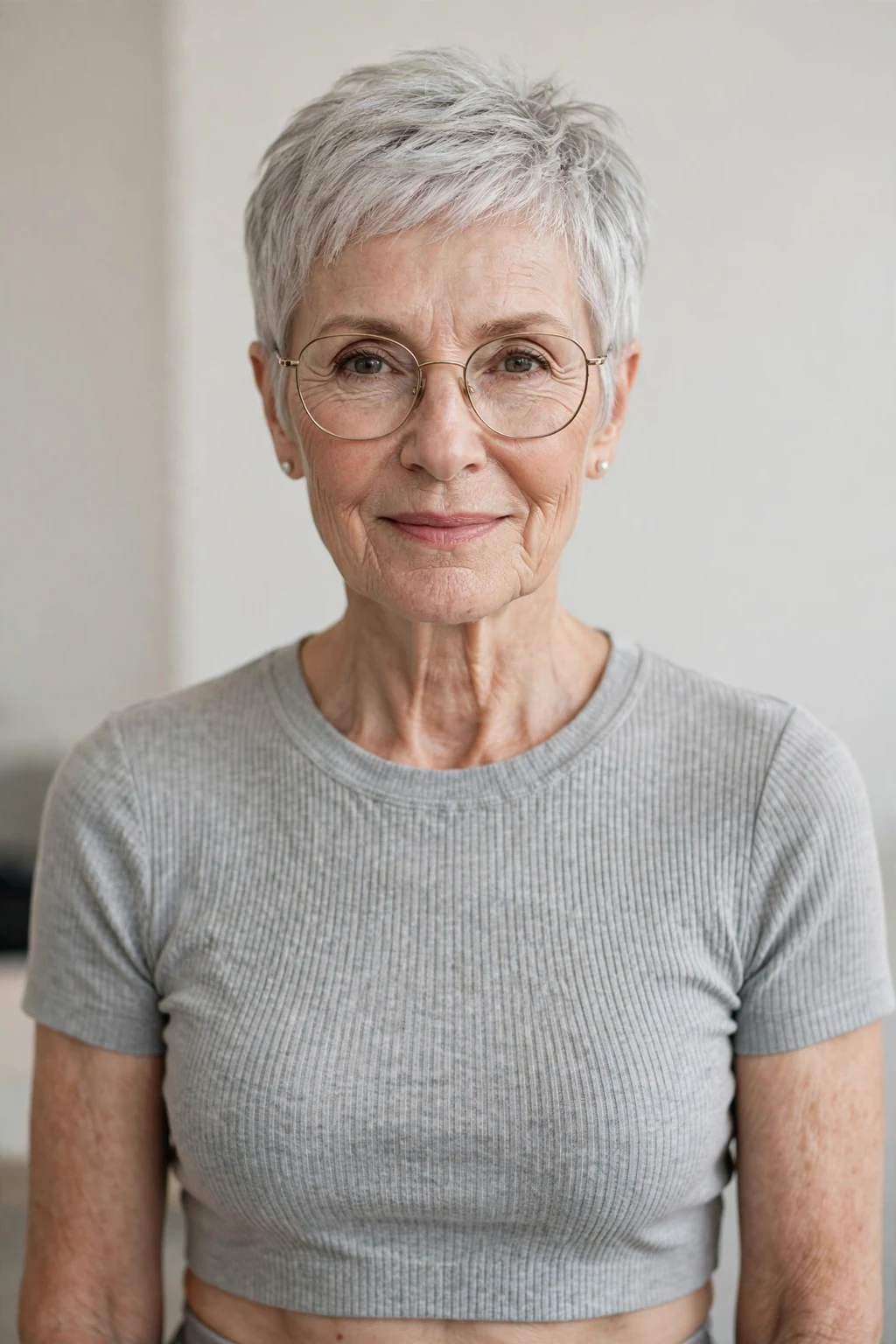 Elegant woman over 60 with fine hair and glasses and silver pixie, luminous gray crop, chic light.