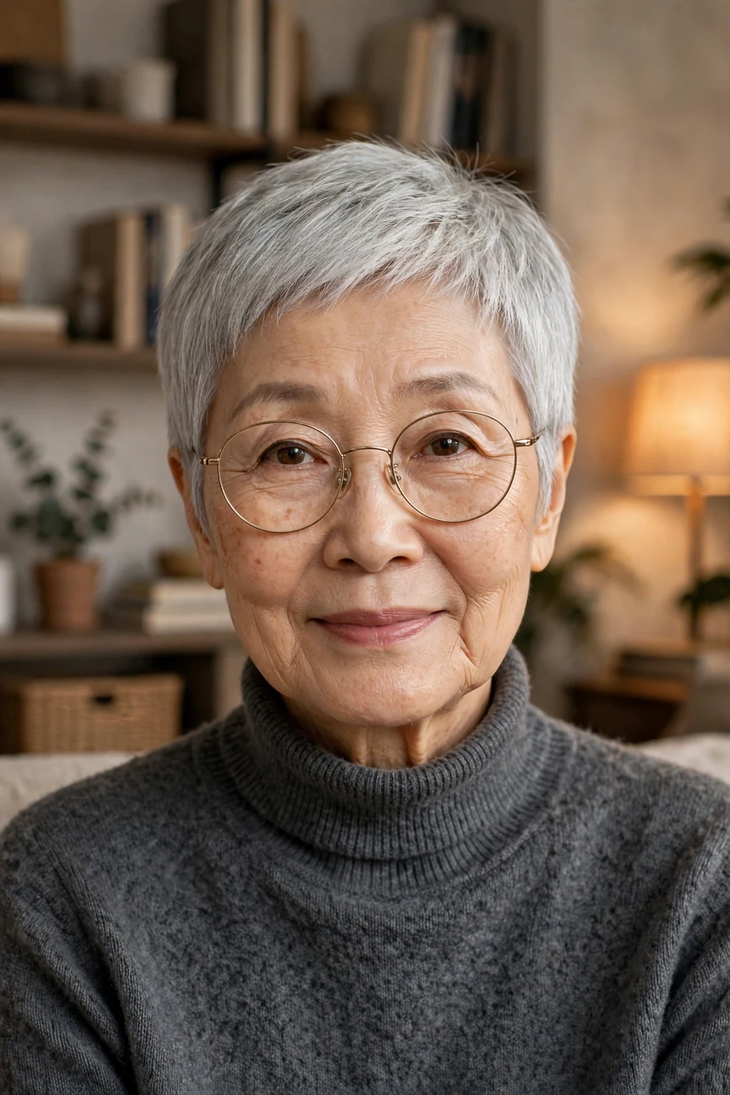 Elegant older woman over 70 with fine hair and glasses and silver pixie, luminous gray crop, chic light.