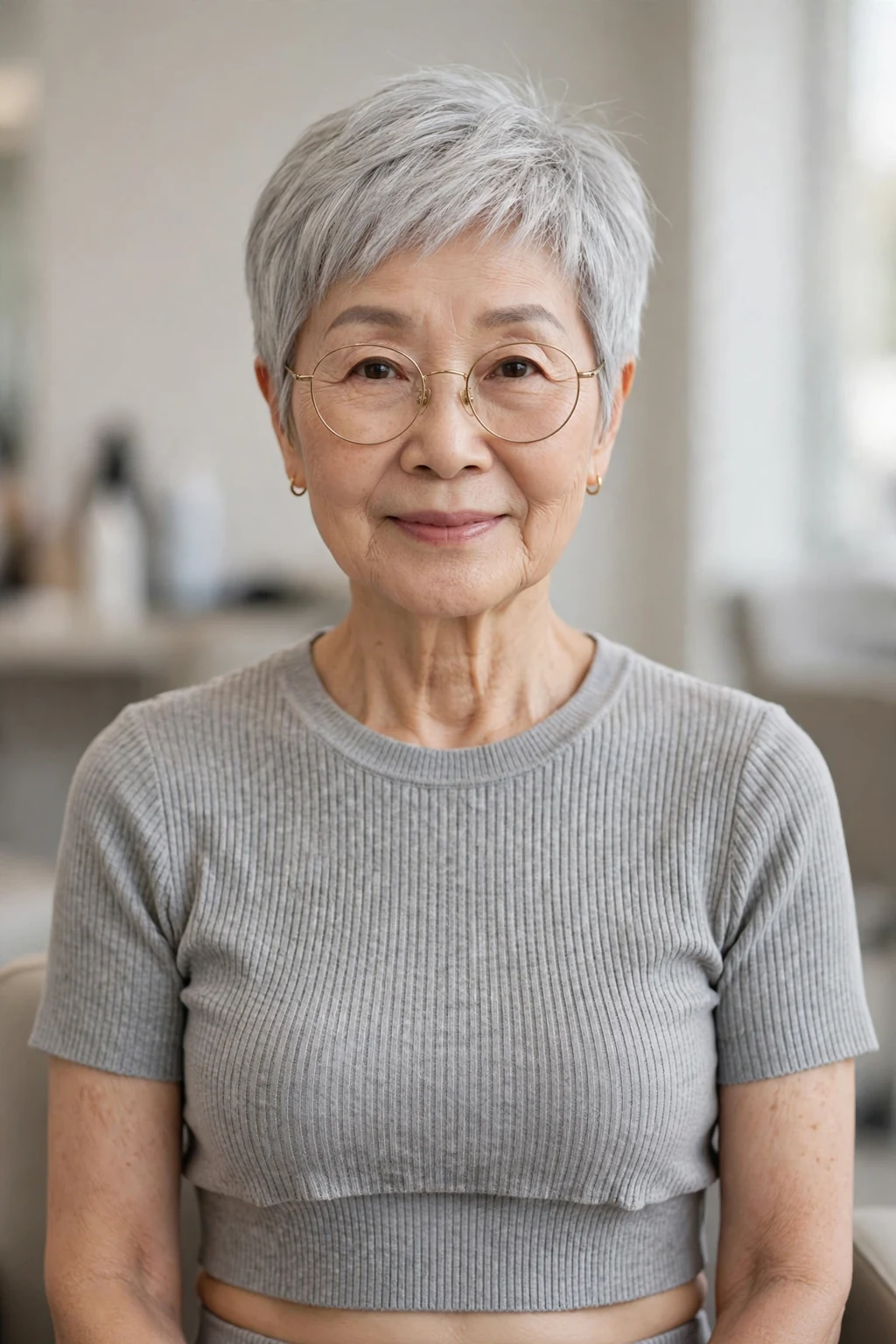 Elegant older woman with fine hair and glasses and silver pixie, luminous gray crop, chic light.