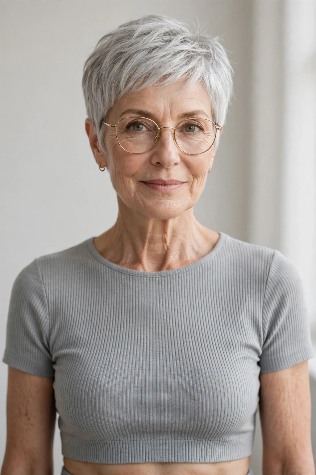 Elegant older woman with glasses and silver pixie, luminous gray crop, chic light.