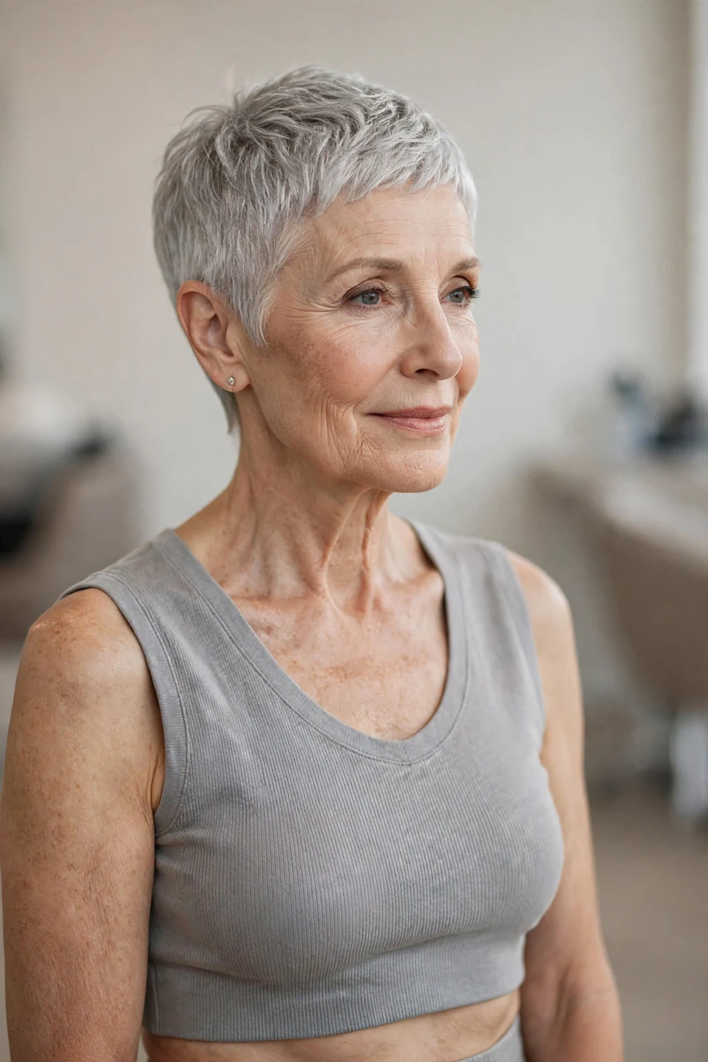 Elegant older woman with silver pixie, luminous gray crop, chic light.