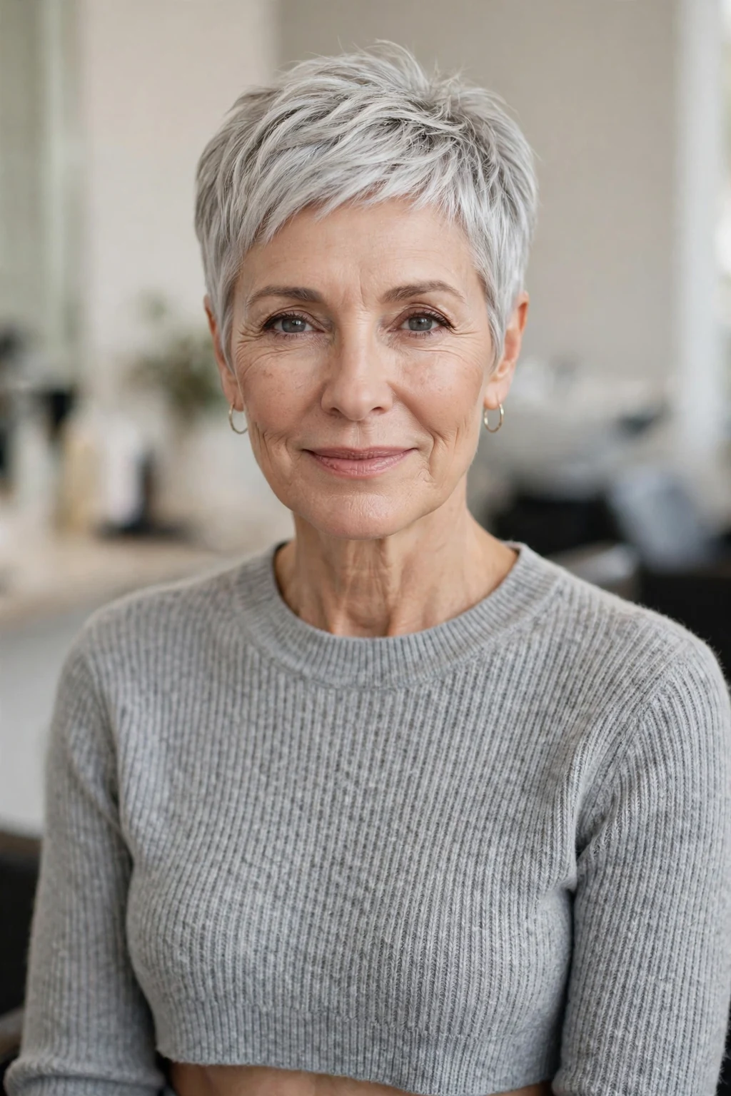 Elegant older woman over 50 with silver pixie, luminous gray crop, chic light.