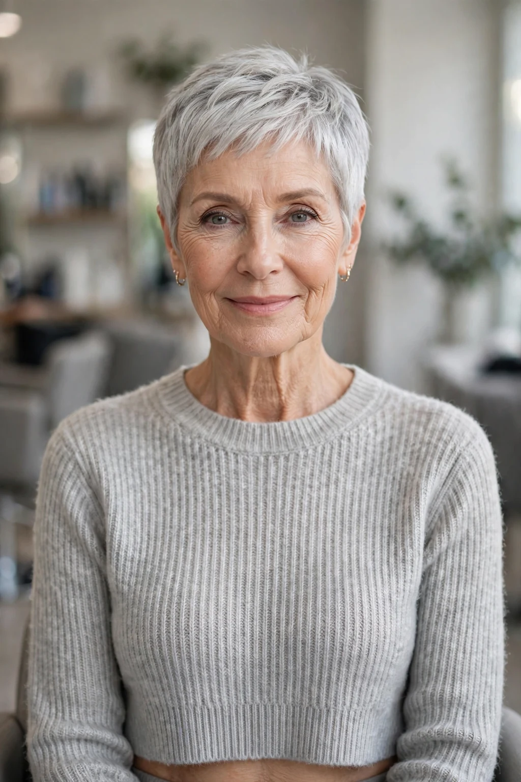 Elegant older woman over 60 with silver pixie, luminous gray crop, chic light.