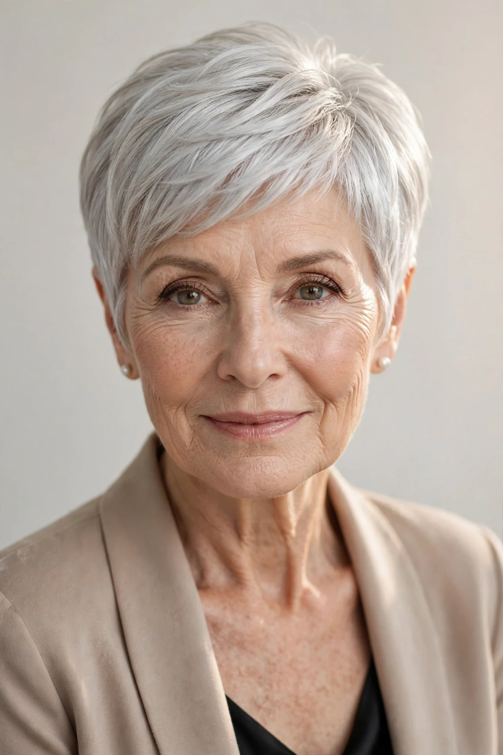 Elegant older woman with silver pixie, luminous gray shine, glamorous light.