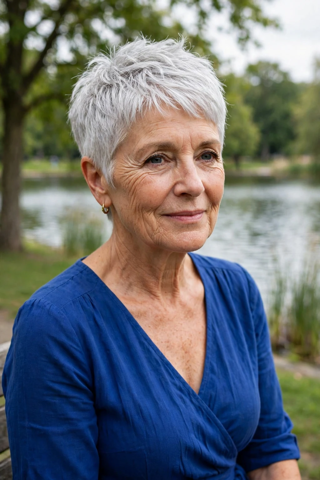 A woman in her mid sixties with a bright silver pixie haircut, wearing a royal-blue dress in a lakeside park.