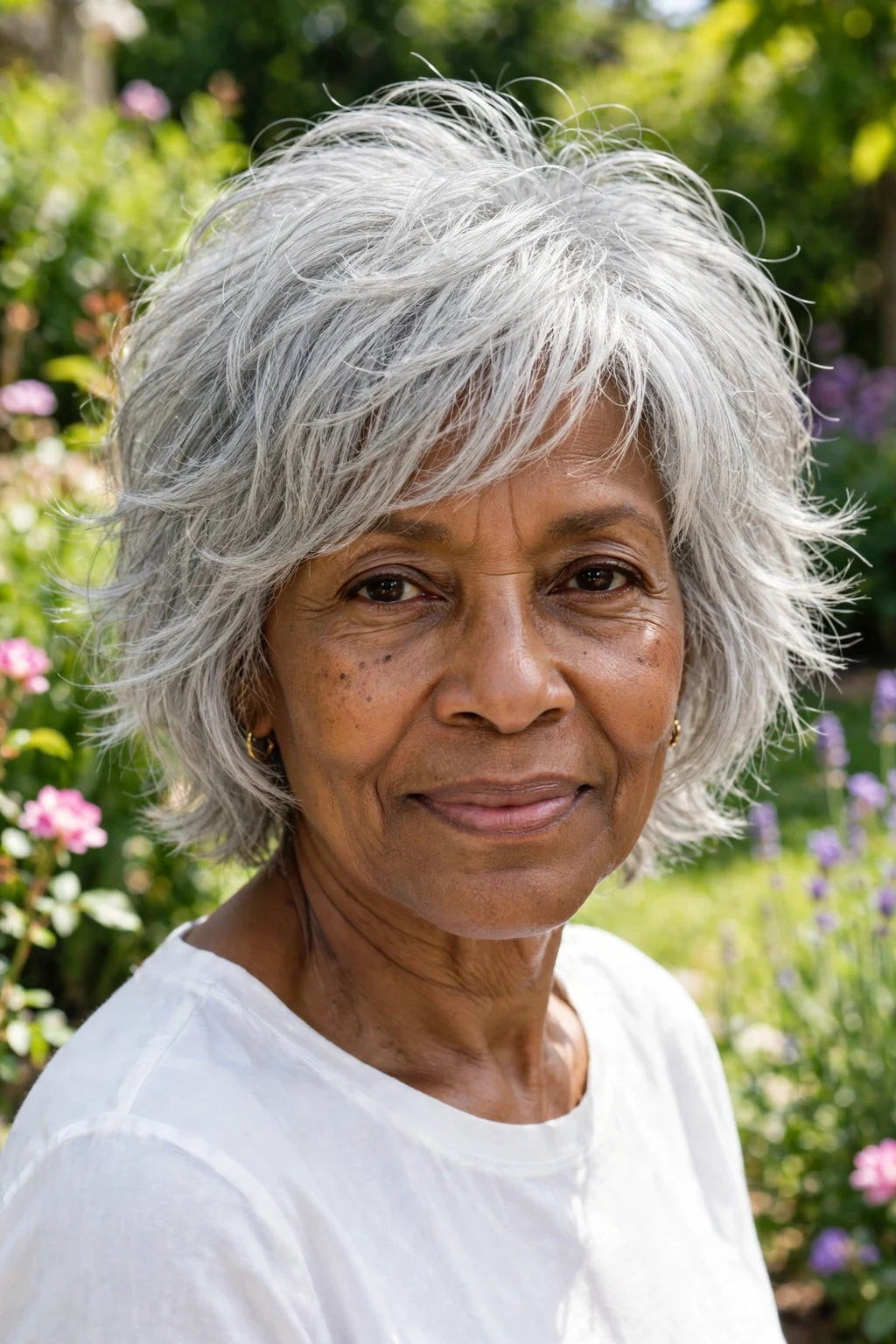Beautiful woman with fine hair and silver shag, stunning silver shag, luminous light.