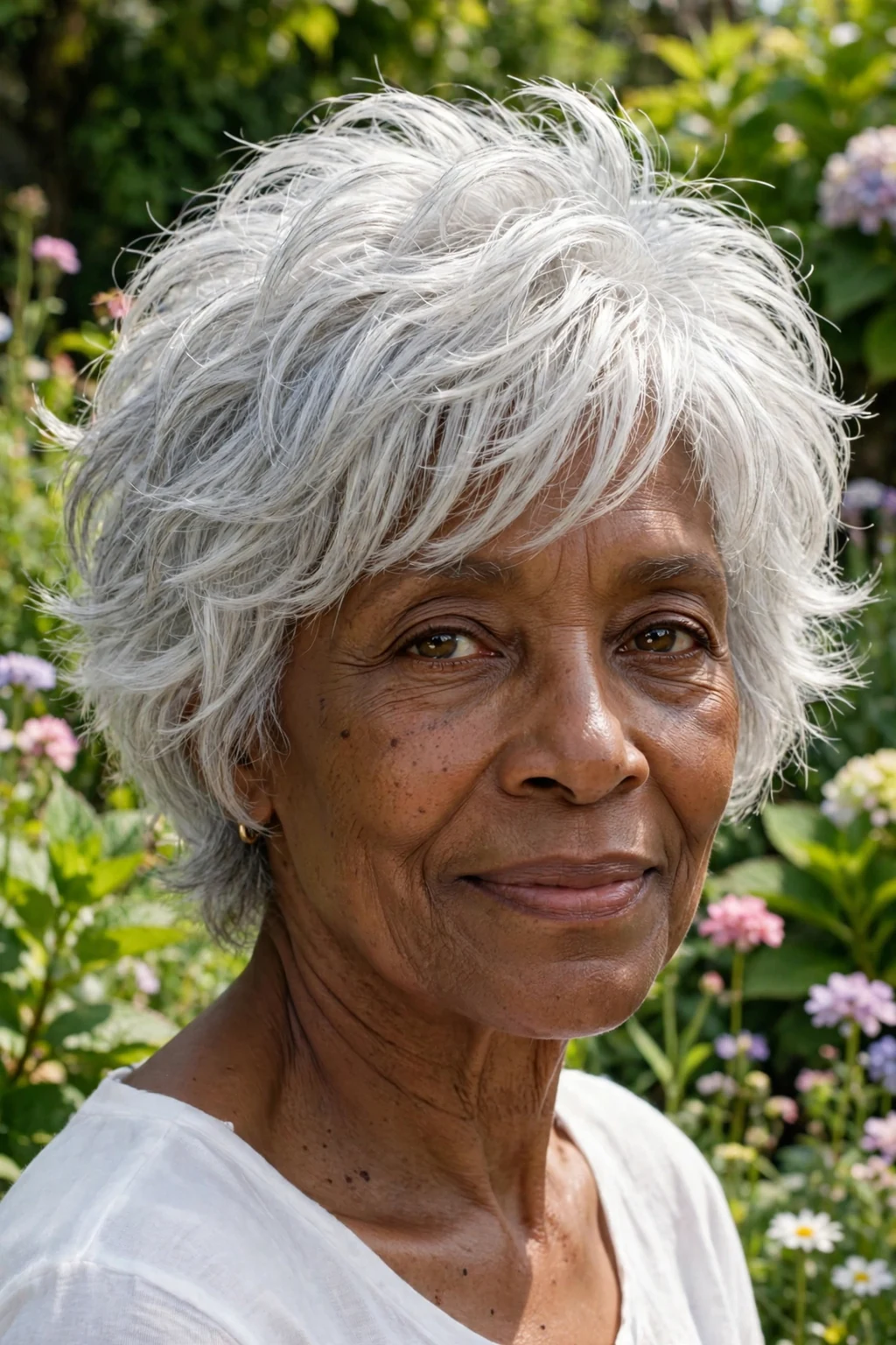 Beautiful woman over 60 with silver shag, stunning silver shag, luminous light.