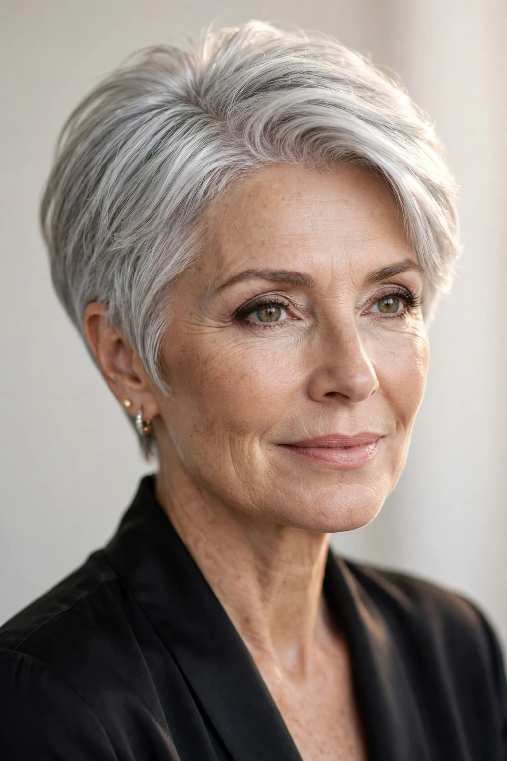 Elegant woman over 50 with silver short cut, luminous gray shine, glamorous light.