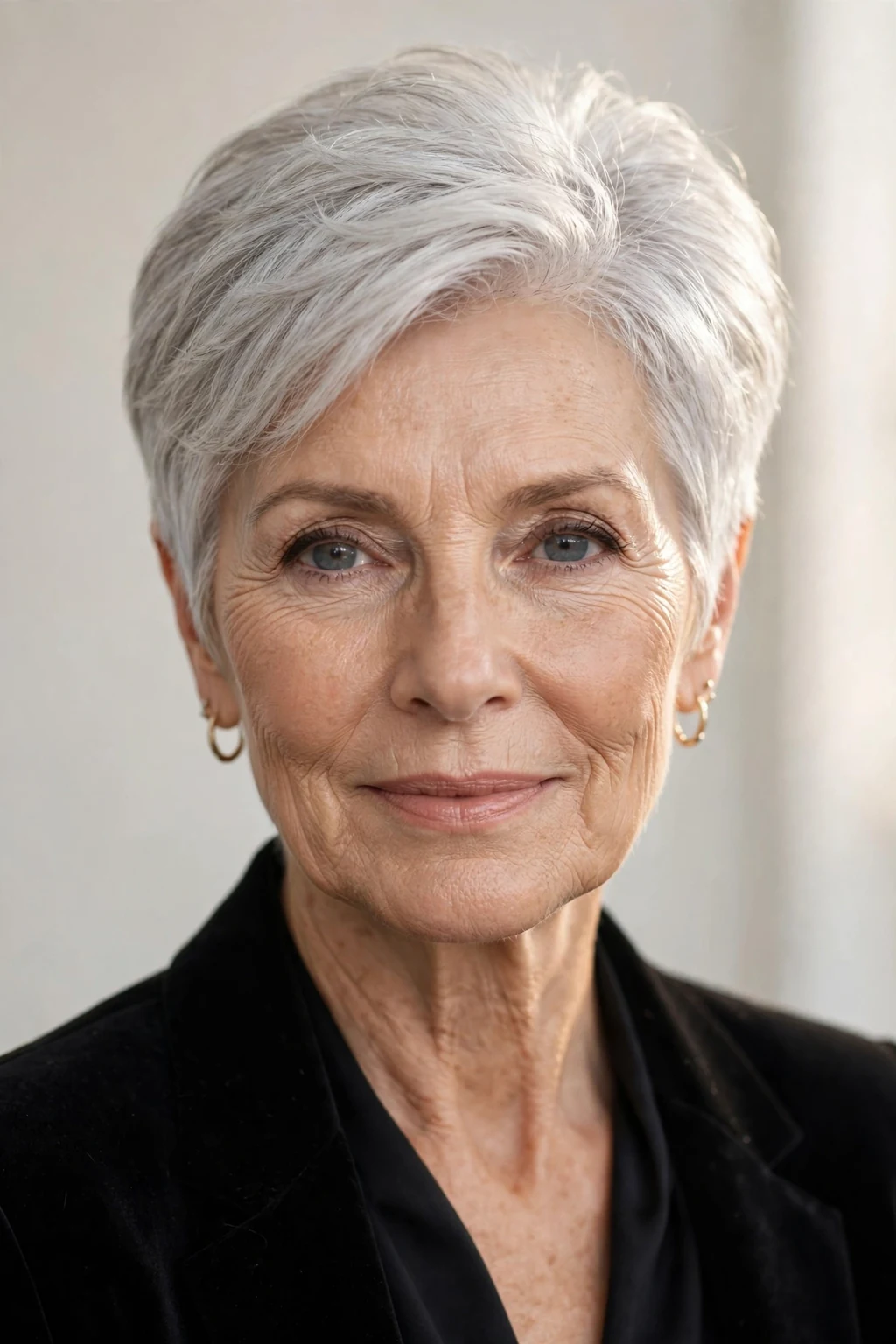 Elegant woman over 60 with silver short cut, luminous gray shine, glamorous light.