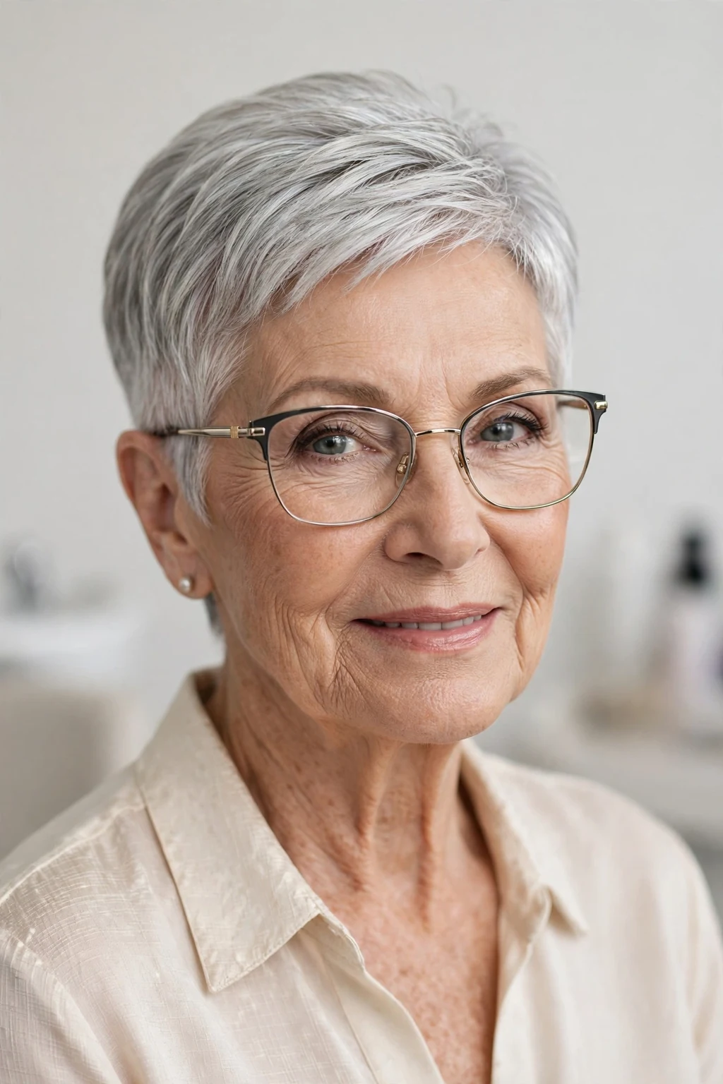 Elegant woman over 70 with glasses and silver short cut, luminous gray shine, glamorous light.