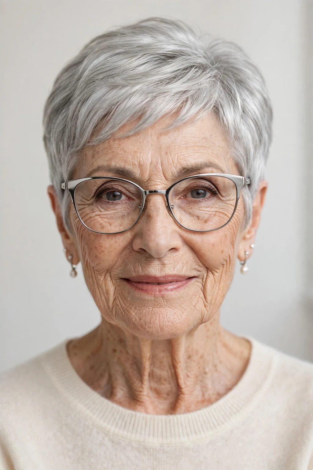 Elegant woman over 80 with glasses and silver short cut, luminous gray shine, glamorous light.