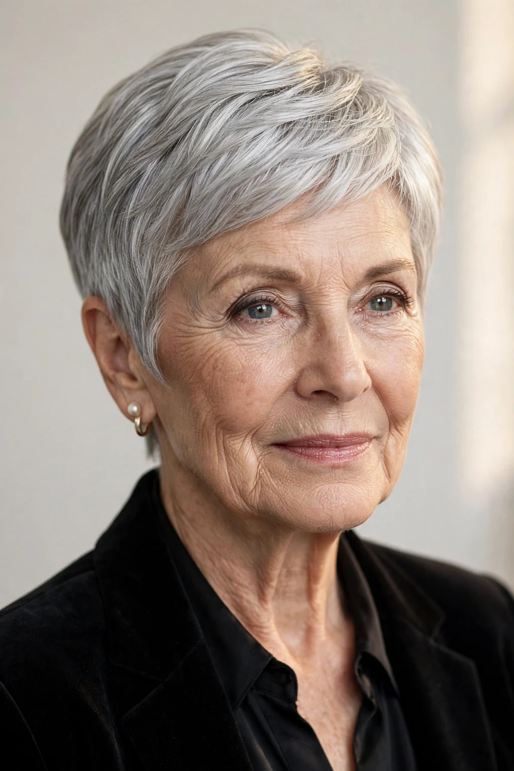 Elegant woman over 60 with silver short cut, luminous gray shine, glamorous light.