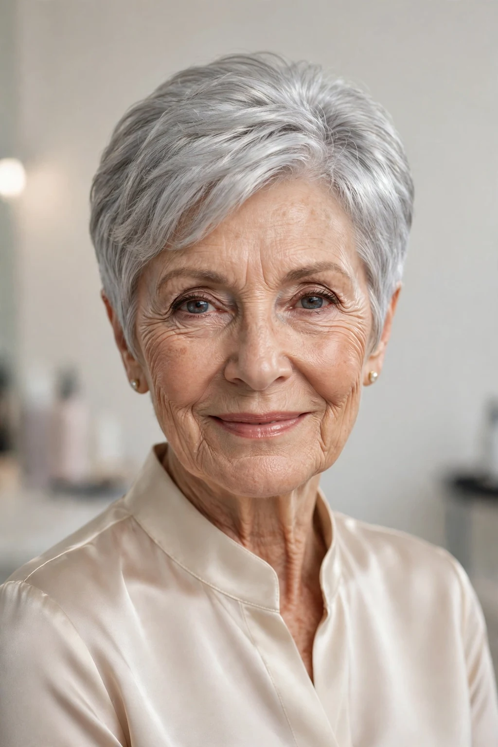 Elegant woman over 70 with silver short style, luminous gray shine, glamorous light.