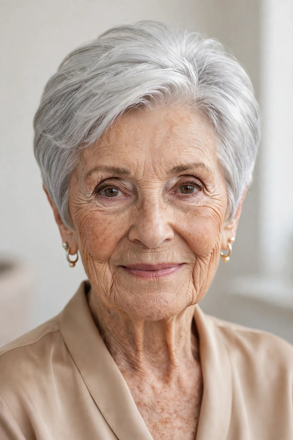 Elegant woman over 80 with silver short style, luminous gray shine, glamorous light.