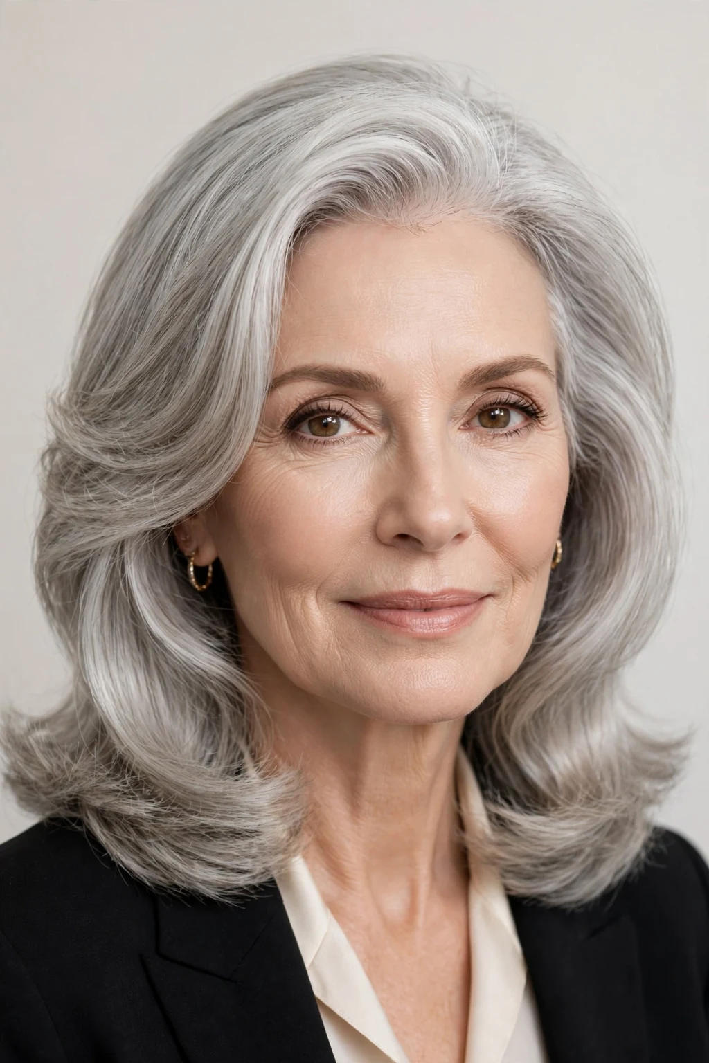 Elegant woman over 50 with silver shoulder blowout, luminous smooth finish, glamorous light.