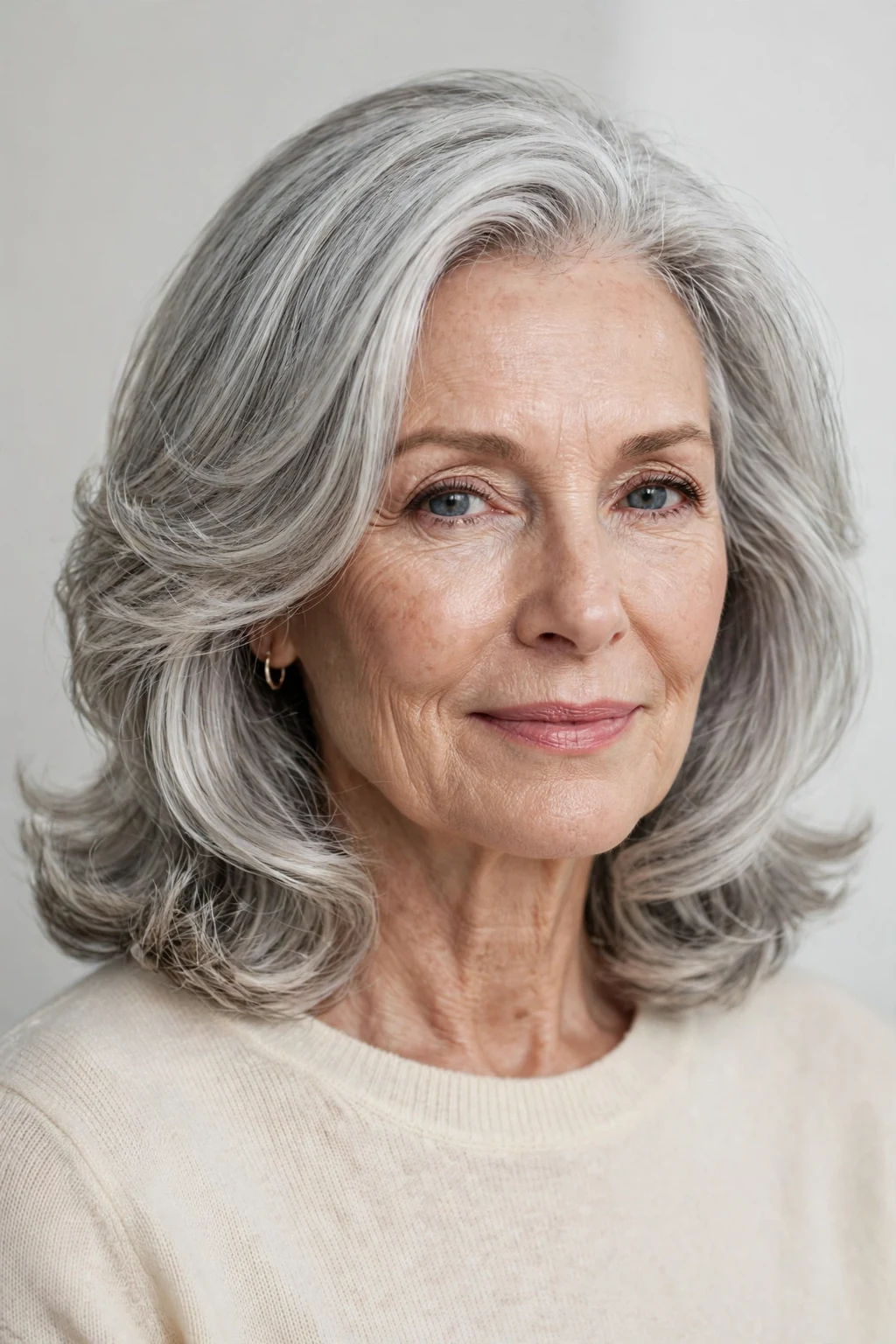 Elegant woman over 60 with silver shoulder blowout, luminous smooth finish, glamorous light.