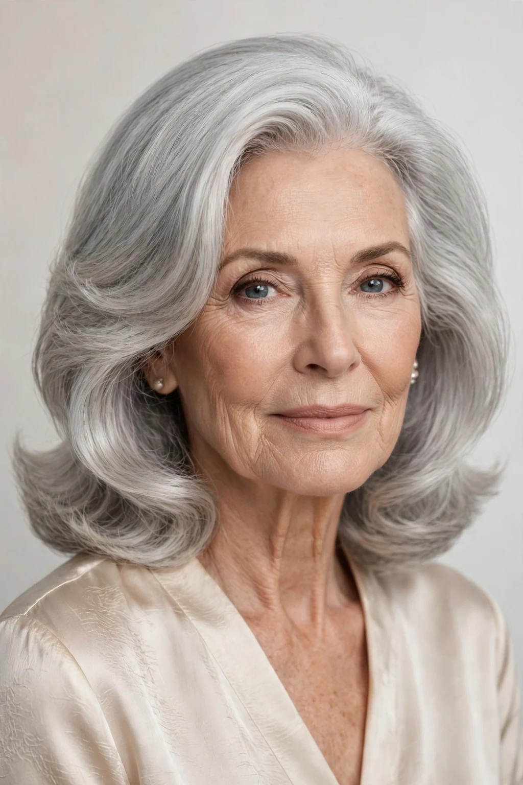 Elegant woman over 70 with silver shoulder blowout, luminous smooth finish, glamorous light.