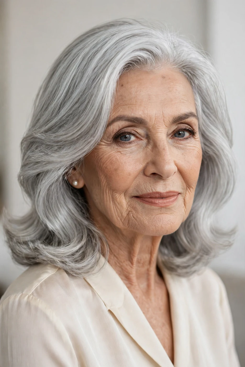 Elegant woman over 70 with silver shoulder-length style, luminous gray shine, glamorous light.
