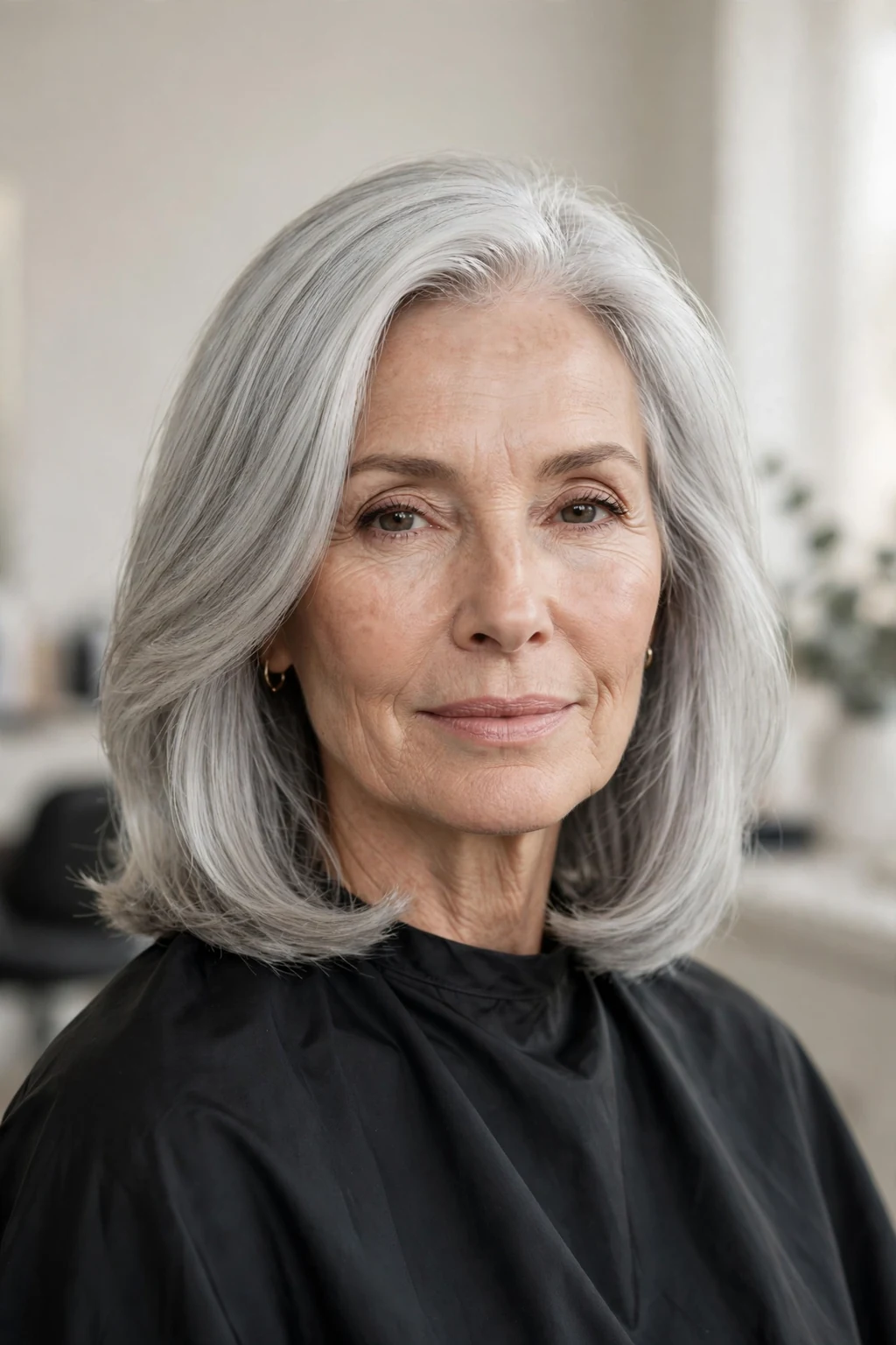 Elegant older woman with silver shoulder-length style, luminous gray shine, glamorous light.
