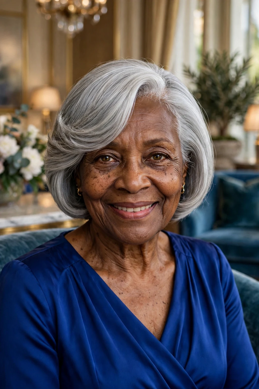 Elegant woman over seventy with a silver side-swept bob.