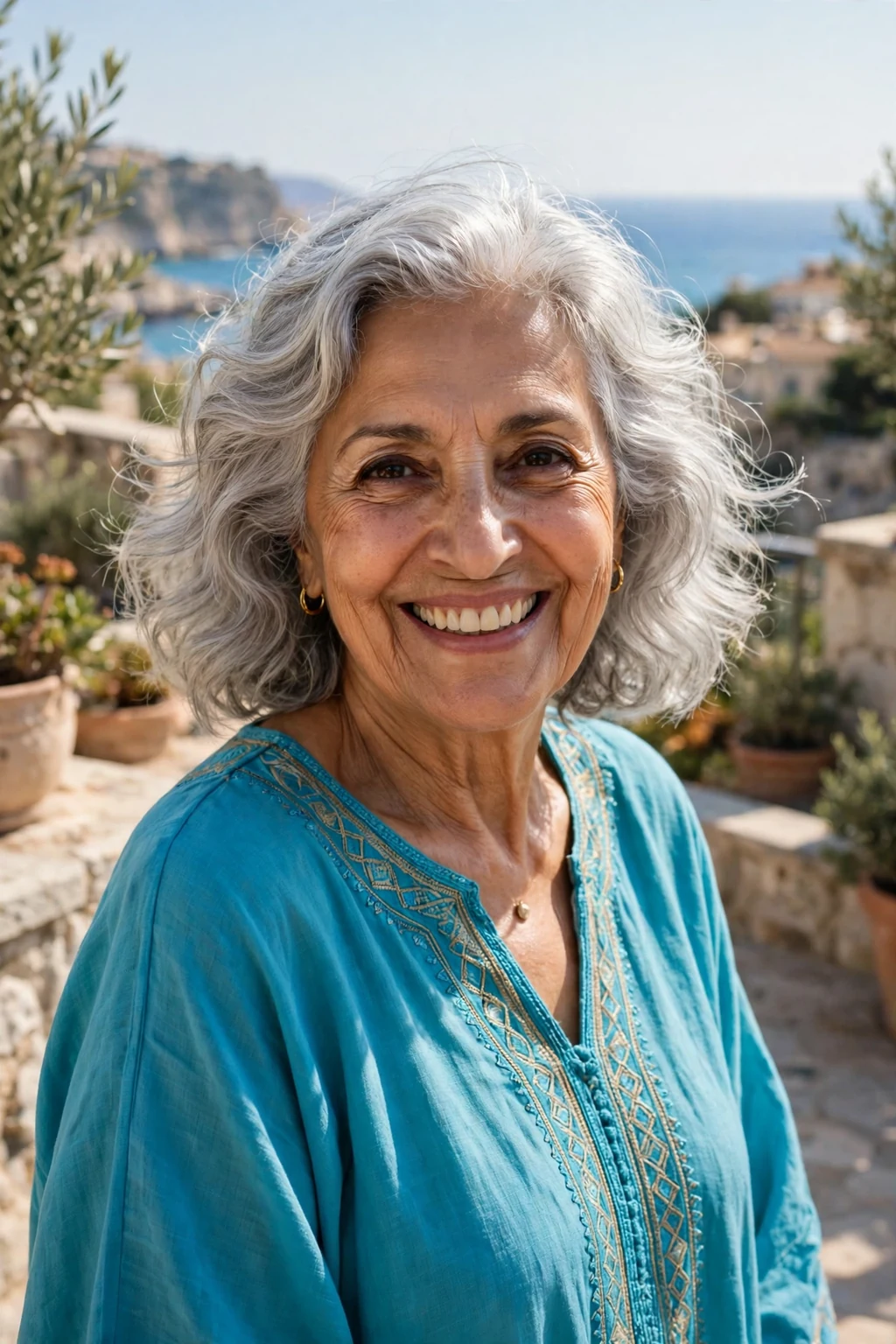 Radiant woman over seventy with a silver wavy lob haircut.