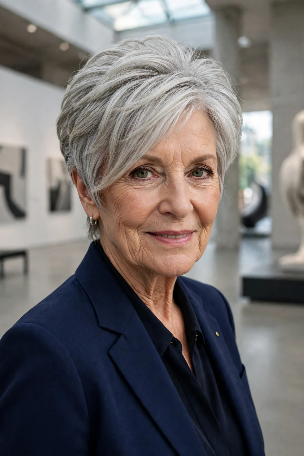 Chic woman over seventy with a silver wedge haircut, sharp and modern.