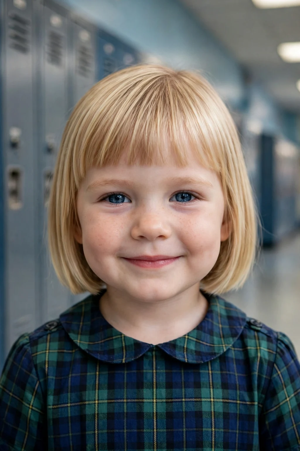 A toddler girl with simple straight bob with bangs hairstyle, wearing plaid dress, in school hallway with lockers.