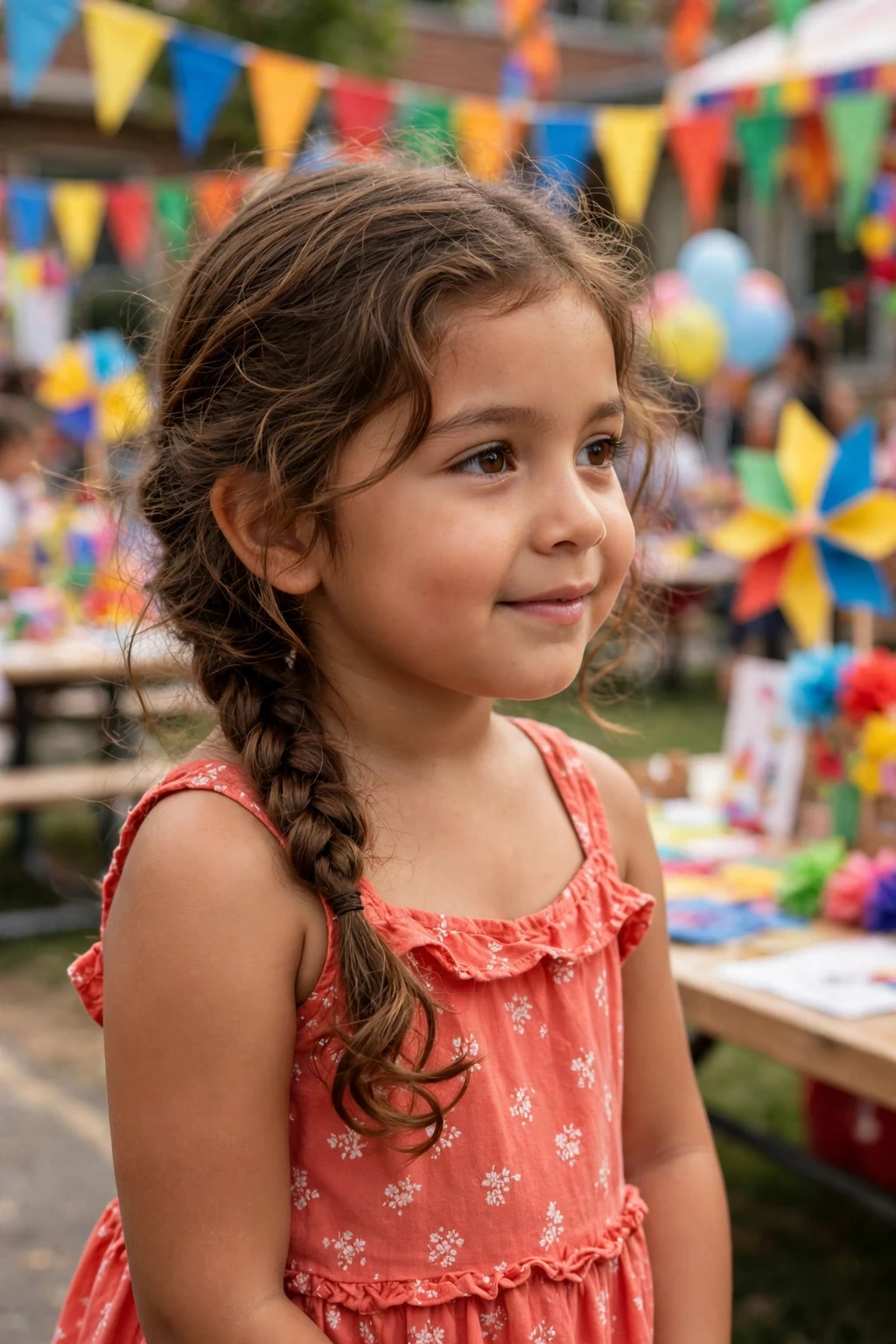 A schoolgirl with a single loose side braid over one shoulder at a school fair.