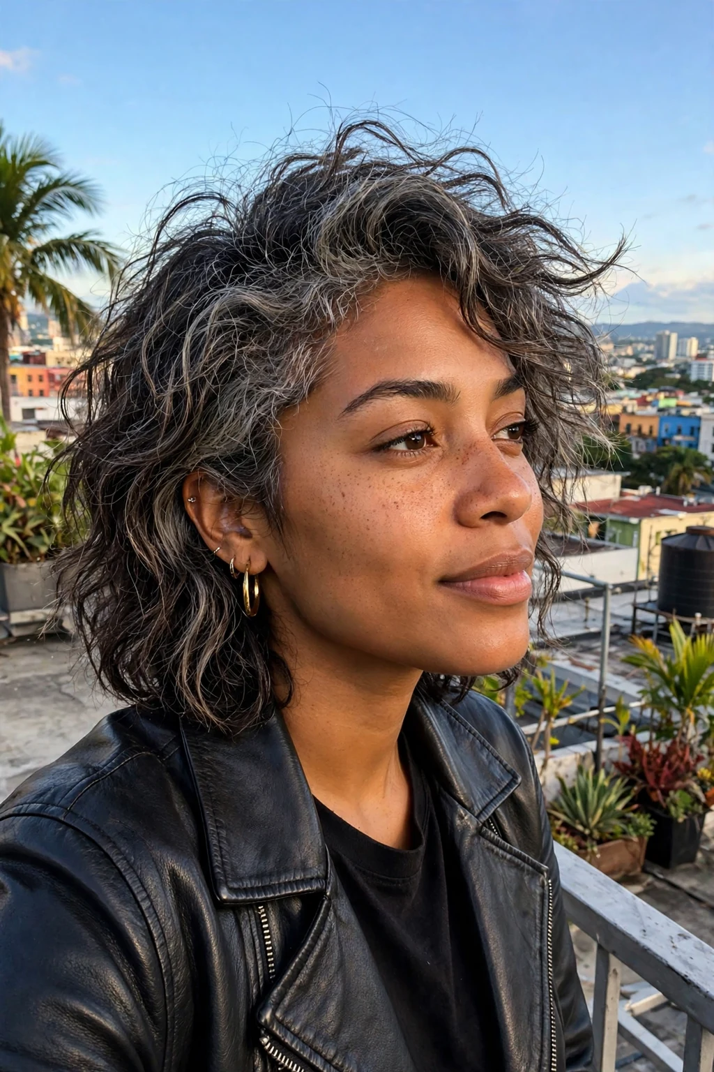 Young woman with a sea-salt shag wearing a black leather jacket on a city rooftop.