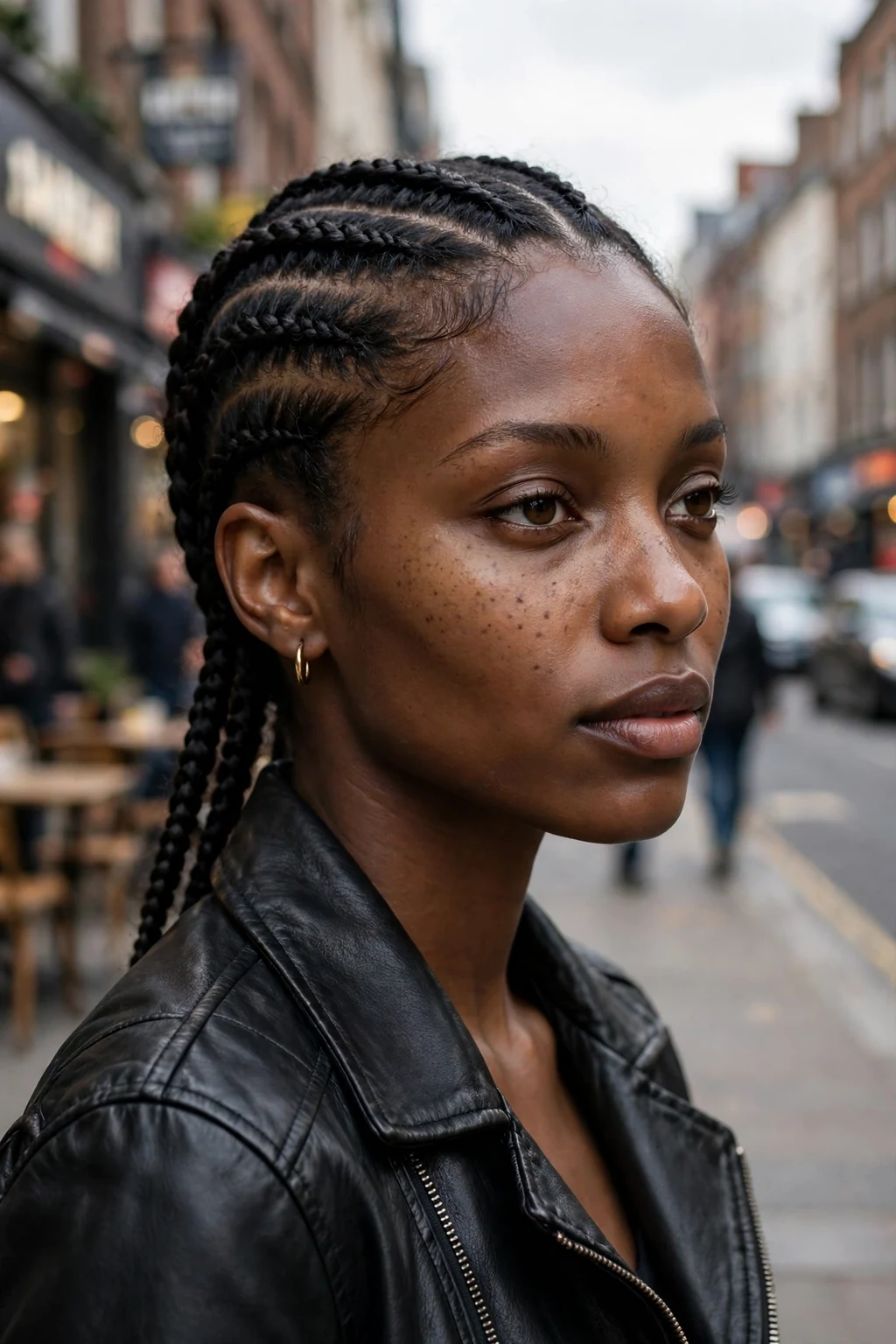 Young Black woman with six cornrows on a city street, wearing a black leather jacket.