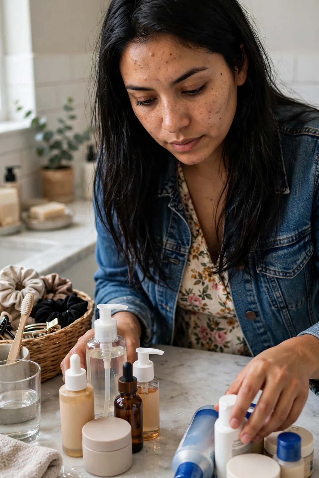 A young Latina woman with thick straight black hair reviewing her hair care products on a bathroom counter and sorting them into keep and replace piles.