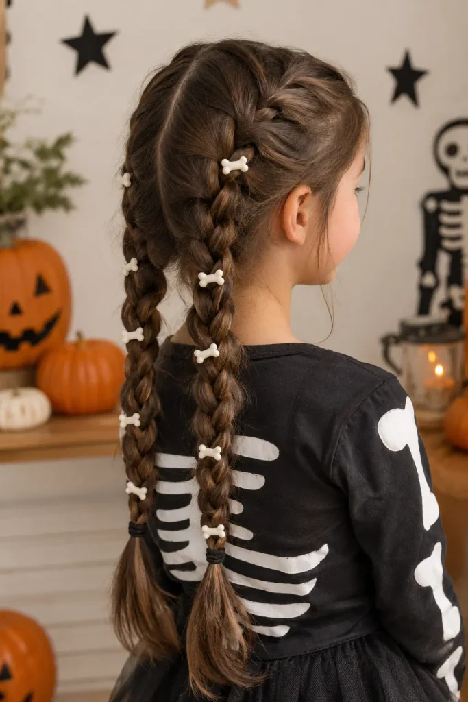  Skeleton-inspired braided Halloween hairstyle for kids