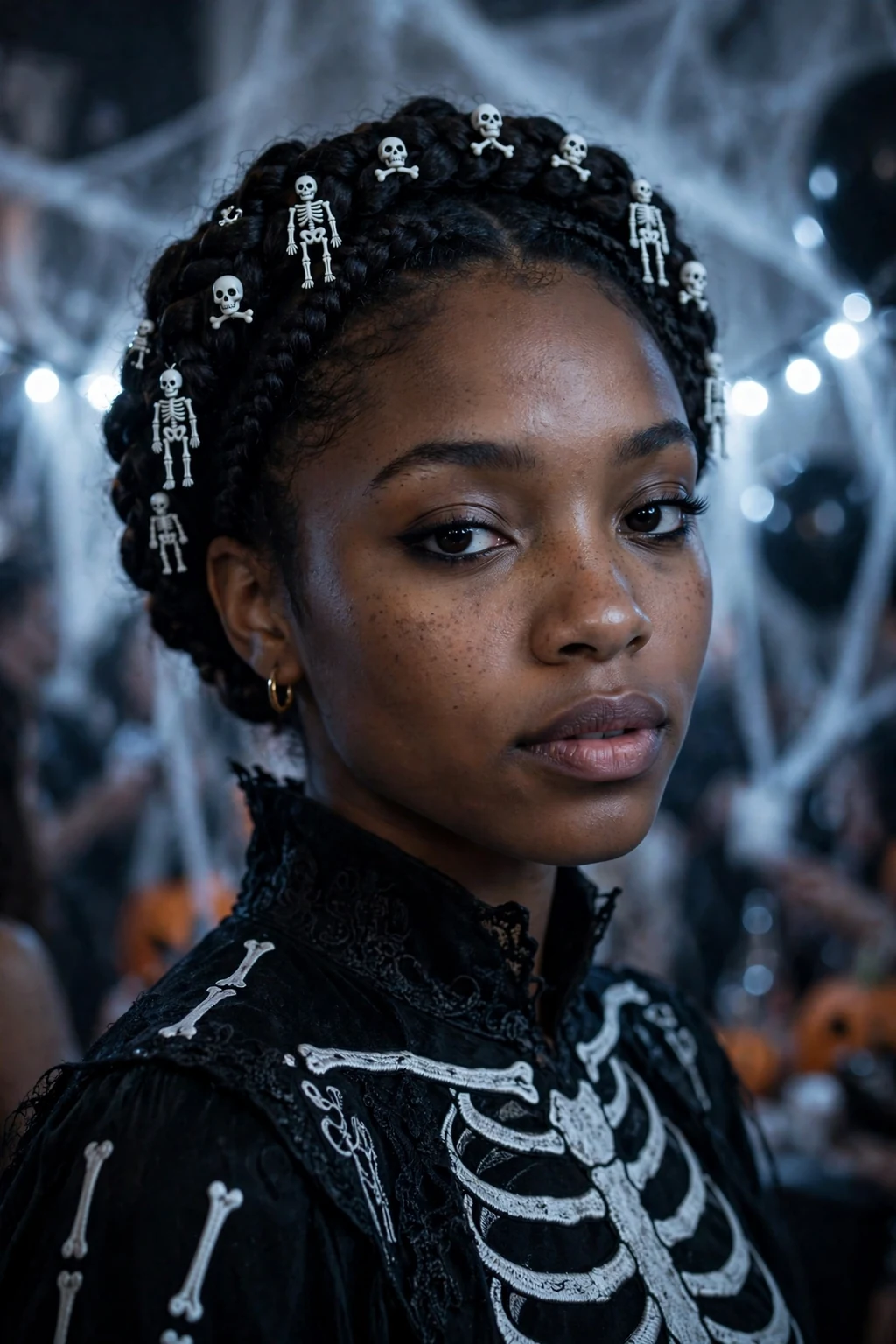 Young Black woman with a braided crown hairstyle decorated with skeleton charms.
